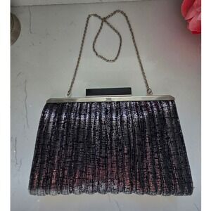 ANNABEL INGALL Black Metallic Stripe Evening Clutch Chain Strap Shoulder Bag Vtg